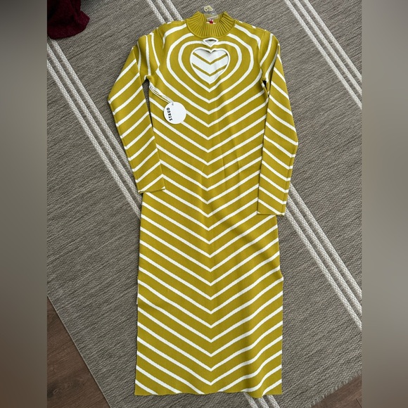 NWT Staud Long Sleeve Castle Midi Dress Chartreuse Chevron Small Heart Cutout - Picture 10 of 10